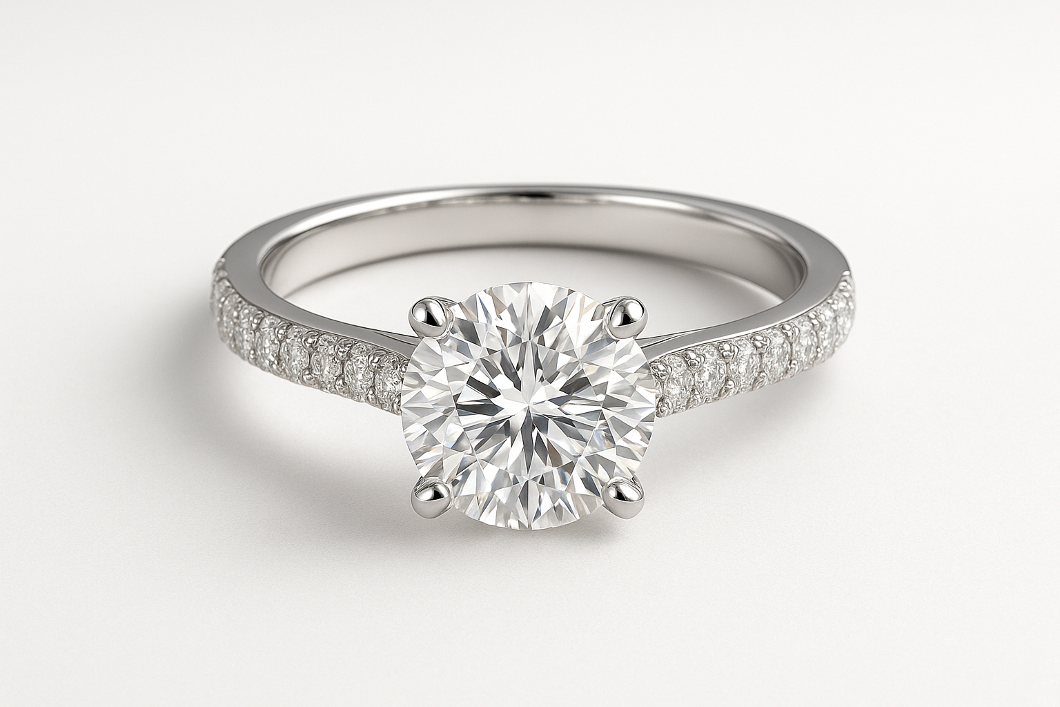 a pave engagement ring with a round center stone in white gold on a white background