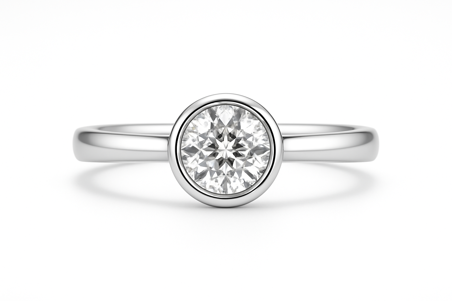 white gold engagement ring with a bezel set round center diamond on a white background be sure to make the center look straight ahead
