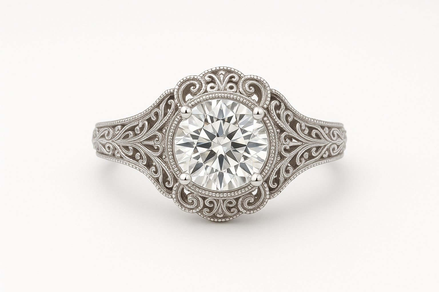white gold vintage style engagement ring with a round center diamond on a white background. be sure to make the center look straight ahead