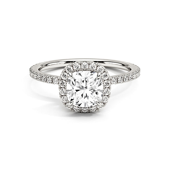 NATURAL DIAMOND - CUSHION-CUT HALO ENGAGEMENT RING WITH PAVÉ SIDE DIAMONDS