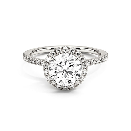 NATURAL DIAMOND - ROUND BRILLIANT HALO ENGAGEMENT RING WITH PAVÉ SIDE DIAMONDS